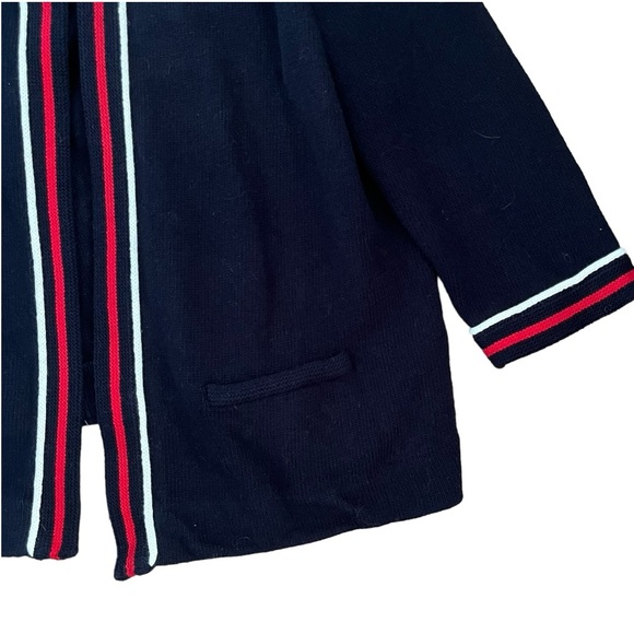 Talbots 100% COTTON NAVY BLUE CARDIGAN SWEATER 1XP Petite RED WHITE STRIPED TRIM - Picture 3 of 10